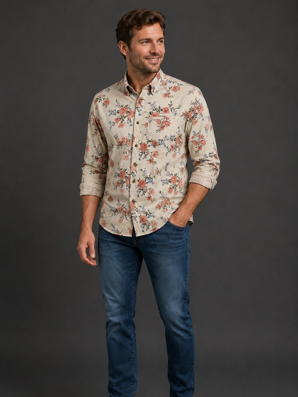 Old Navy Cream Floral Button-Front Shirt with Coral Blooms